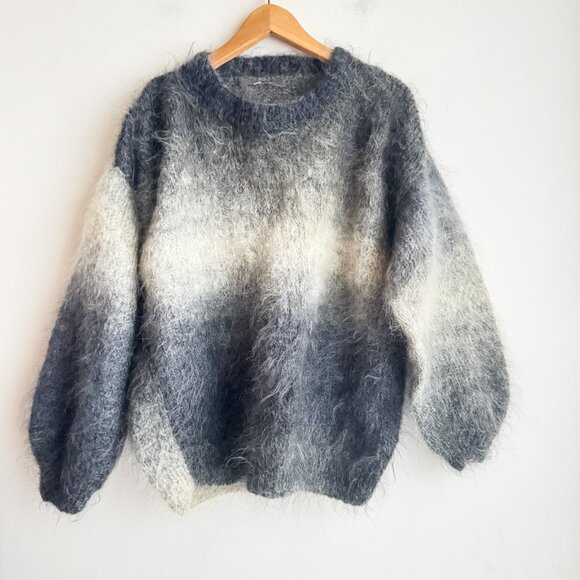 Handmade Mohair wool Grey White Ombre Pullover Sweater L - Picture 1 of 5